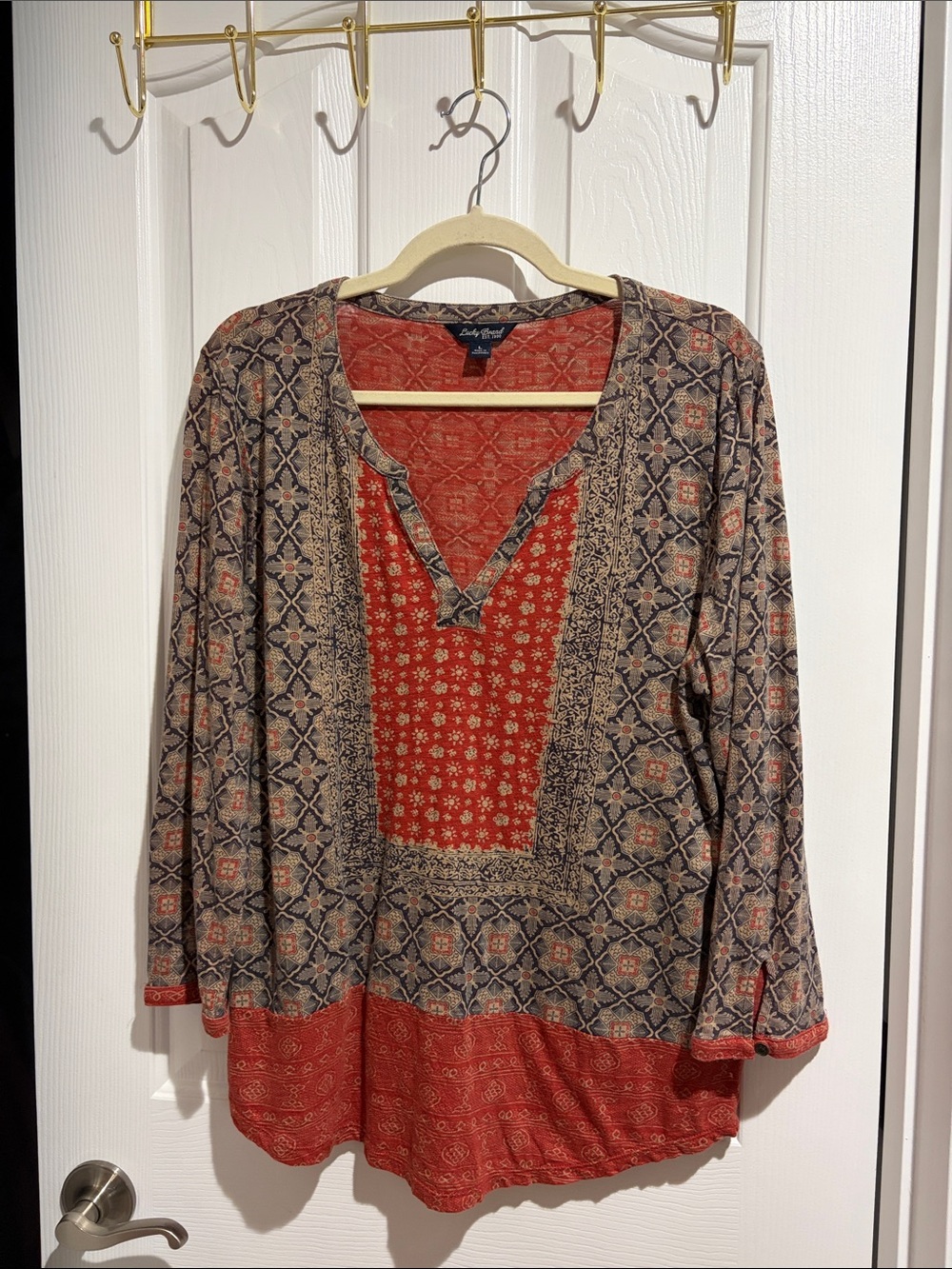 Lucky Brand Red and Beige Printed V-Neck Tunic